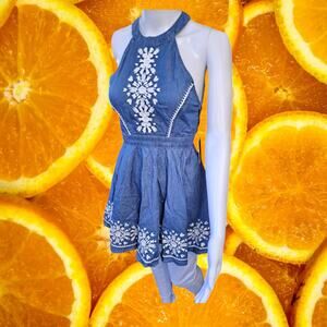 NWT Lovers + Friends Women's Denim Halter Neck Embroidered Pleated Dress Size XS